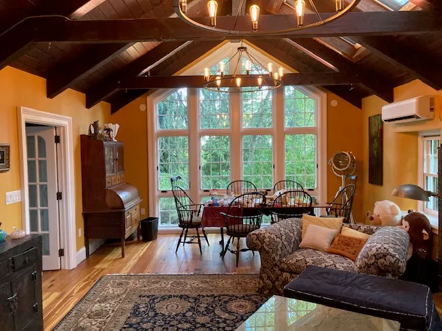 Living room with exposed wooden beams